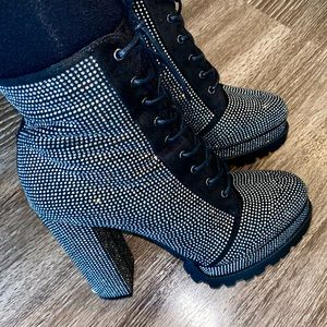 Black rhinestone embellished chunky heel platform boots booties